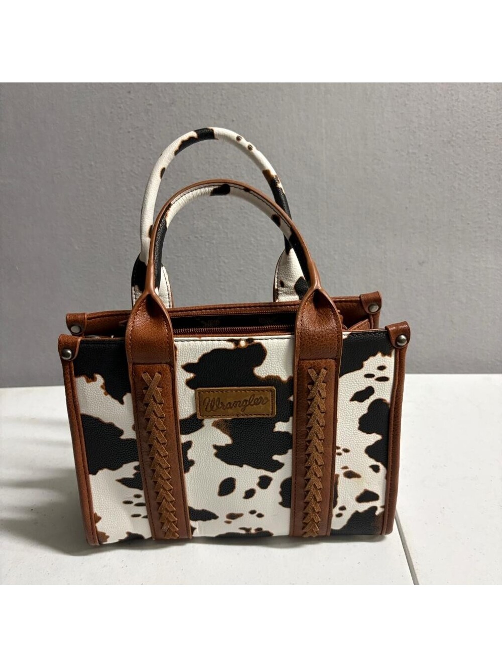Wrangler Cow Print Mini Tote Bag Womens Brown Faux Leather Crossbody Satchel